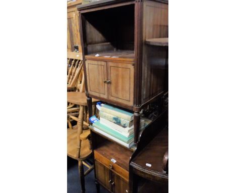 A PAIR OF FRENCH MAHOGANY BEDSIDE CABINETS WITH MARBLE TOPS (one with drawer removed, and shelf lowered) each 43 cm wide