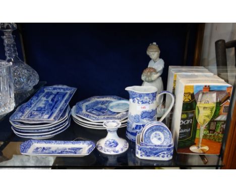 A COLLECTION OF MODERN BLUE AND WHITE SPODE including Italian, a Nao figure and eight boxed Dartington champagne glasses