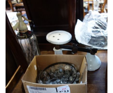 A PAIR OF SMALL BAG CHANDELIERS, a set of scales and a soda siphon