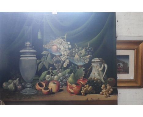 STILL LIFE WITH OIL LAMP, oil on canvas, signed A Marinelli and another Italian oil painting of figures amongst ruins, indist