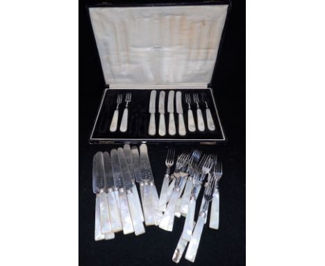 MOTHER-OF-PEARL HANDLED DESSERT KNIVES, including a set in a fitted case