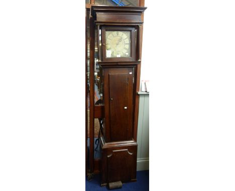 AN 18TH CENTURY OAK LONGCASE CLOCK with 26cm brass dial engraved 'Wm Marston, Bishopscastle', with single engraved hand and t