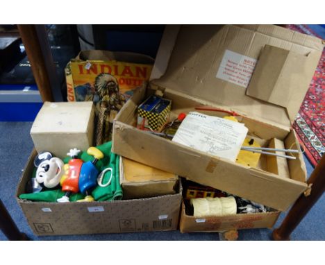 A TRI-ANG RESCUE HELICOPTER, a collection of plastic cowboys, a GWR jigsaw, a vintage 'Indian' outfit, a microscope and simil
