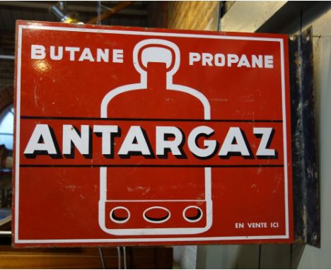 A VINTAGE ENAMEL DOUBLE SIDED SIGN, 'BUTANE PROPANE ANTARGAZ'