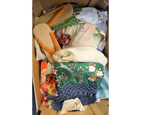 A JAPANESE EMBROIDERED SILK MANTELPIECE RUNNER with deep fringing and other Japanese textiles and similar