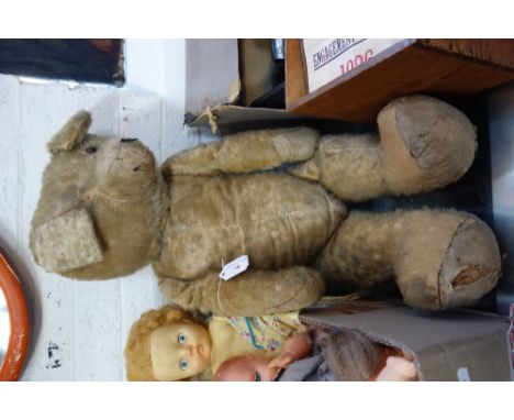 A LARGE VINTAGE PLUSH TEDDY BEAR, with hump and jointed limbs, possibly with growling action? he is need of a loving new home