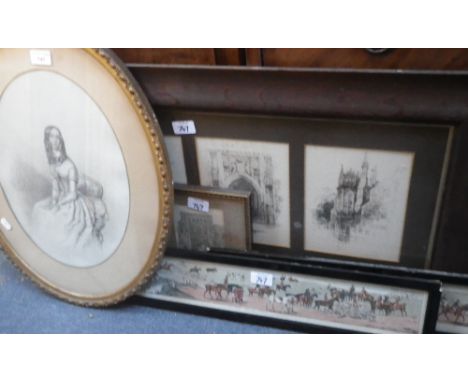 A 19TH CENTURY PORTRAIT OF A YOUNG WOMAN in a gilt frame and other pictures and prints