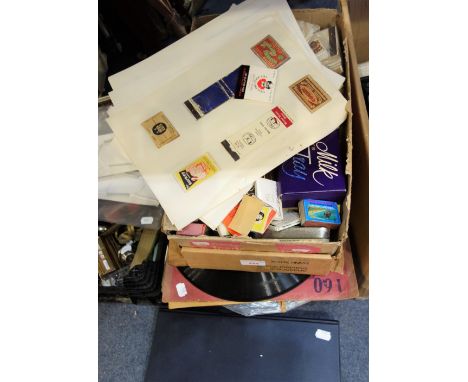 A COLLECTION OF VINTAGE MATCHBOXES, match box covers and 78s