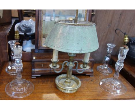 A BRASS TWO BRANCH BOUILLOTTE LAMP, 53cm high, a pair of cut glass candlesticks with wide bell shaped foot and another pair o