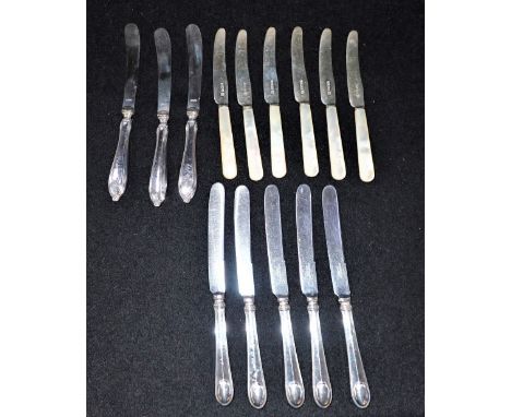 COLLECTION OF SILVER BLADED AND MOTHER-OF-PEARL HANDLED DESSERT KNIVES, and eight silver handled dessert knives
