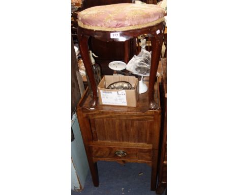 A GEORGE III MAHOGANY COMMODE with tambour front, and a circular stool