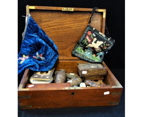 A JAPANESE DECORATED BOX, barometer, pipes and sundries contained in a 19th century brass mounted box