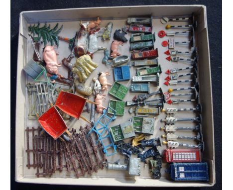 A COLLECTION OF VINTAGE CAST METAL TOY SIGNS, Britains farm animals and similar toy metal items