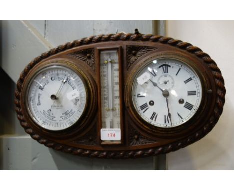 A LATE VICTORIAN CLOCK /THERMOMETER /BAROMETER in carved oak case with enamel dials by F Smith &amp; Son, Southampton