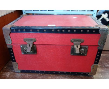A VINTAGE DOLL'S CABIN TRUNK in red, 50cm wide