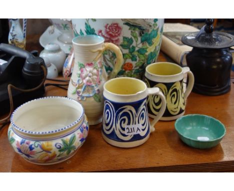 A CLARICE CLIFF JUG, decorated with flowers in relief, a Poole Pottery bowl and similar ceramics