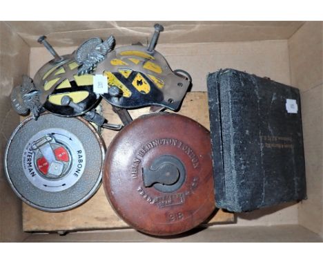 Two AA CAR BADGES, vintage tape measures and other tools