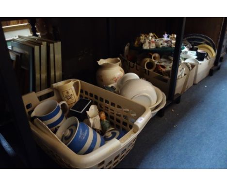 A T G GREEN CORNISH BLUE STORAGE JAR, butter dish and jug, a Goebel figure and a large quantity of ceramics
