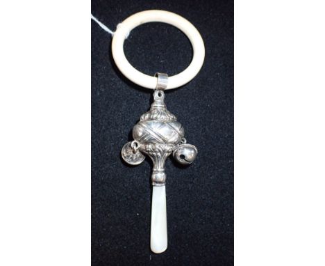 A SILVER AND MOTHER-OF-PEARL BABIES RATTLE AND TEETHER, Birmingham, 1926, 13.5cm long