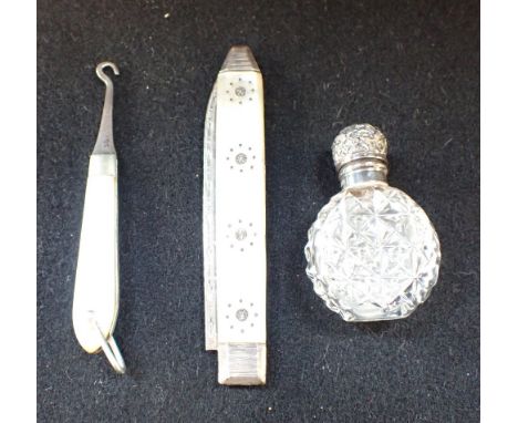 A GEORGE III SILVER AND MOTHER-OF-PEARL FRUIT KNIFE, and silver and cut glass scent bottle, and a mother-of-pearl handled but