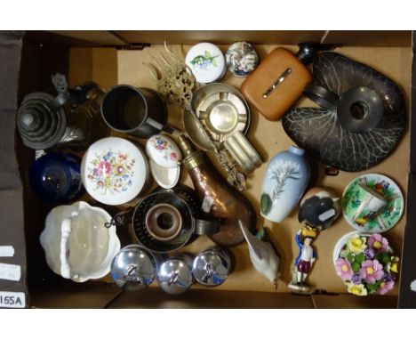 A PAIR OF ENGINE TURNED SILVER ASHTRAYS, an Arts and Crafts Lily Pad chamberstick, ceramics and sundries