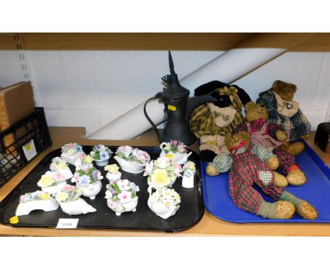 A group of Royal Doulton and other porcelain posies, together with teddy bears and Eastern metal ewer, etc. (a quantity)