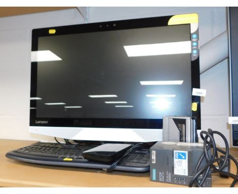 A Lenovo 23" computer monitor, together with a keyboard, Sanyo recorder, etc. (a quantity)
