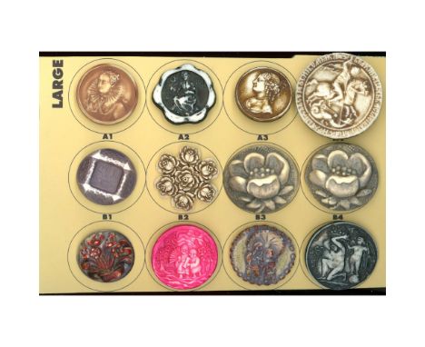 12 Large 20th C. pictorial buttons specialized to Acrylic shot. These Acrylic shot buttons have become quite popular in the l