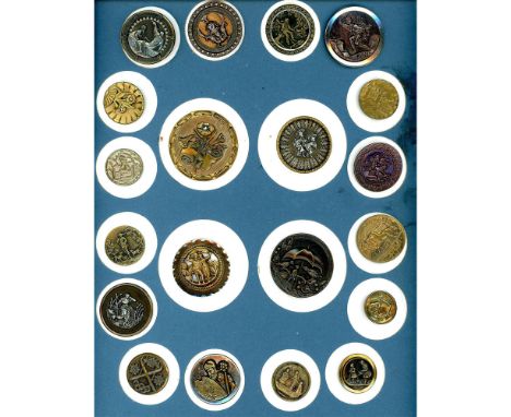 20 Medium and Large 19th century metal picture buttons. This card includes it all. It includes Plant life, animal Life, other