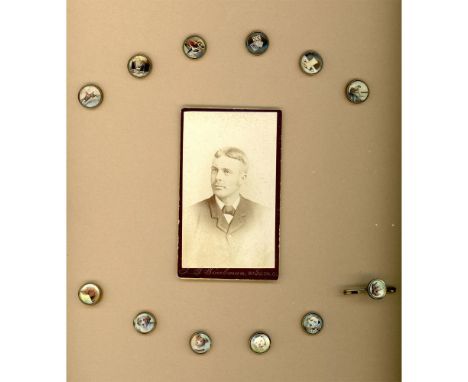 11 Small late 19th century colored lithos under shield. Here is a card of these wonderful small buttons from the late Victori