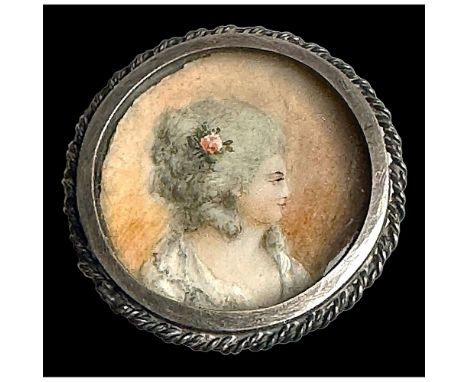 ! Medium size 19th century hand painted women with flower. This exquisitely painted lady under glass is set in a 19th century