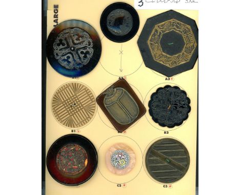 9 Large and extra large early and mid 20th century examples. This lot includes a glass faux mosaic on a celluloid base, an ex