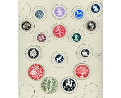 16 Medium and large 20th century Artid buttons. This card includes a variety of subject matter and colors on all these backma