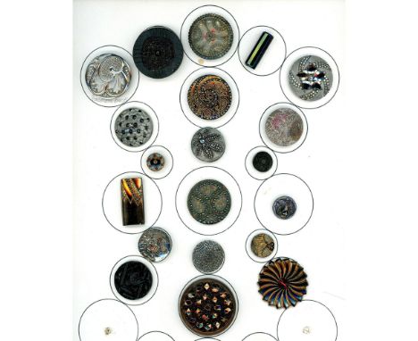 20 S/M/L 19th century buttons including clear &amp; colored lacy. This card of black glass includes several nice lacy styles 