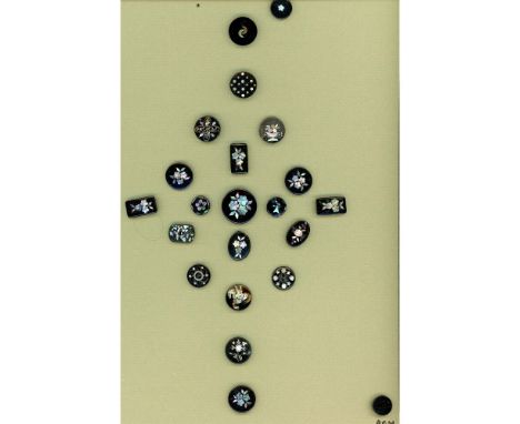 22 Small &amp; Medium size 19th century pearl inlay buttons. This card decorated by the late Alice Mucha of the Bronx include