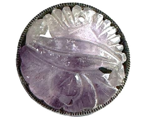 1 Medium early 20th century carved Amethyst in metal button. This beautiful carved Amethyst stone is set in a silver open bac
