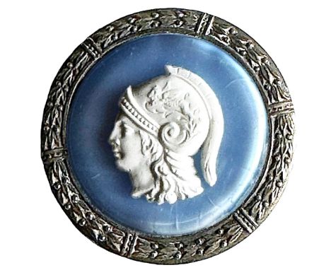 1 Large early 20th century faux Wedgewood cameo head button. This light blue chatoyant glass set in metal with a white cameo 