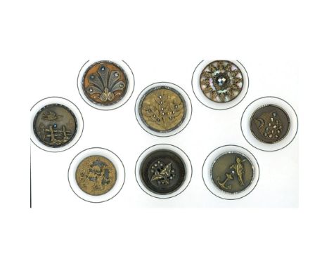 8 Large 19th century buttons including pictorials and more. This nice grouping includes pearl backgrounds, wood backgrounds, 
