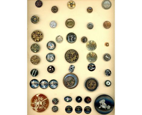 41 S/M/L 19th and 20th century buttons including animals. This lot includes brass pictures, Niello silver , inlays in horn an