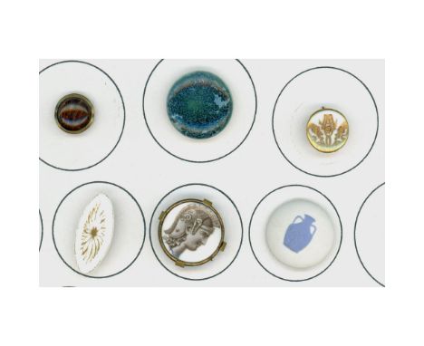 6 Small/Medium 19th &amp; 20th century buttons including Wedgwood. This lot includes a Liverpool transfer with a thread back,