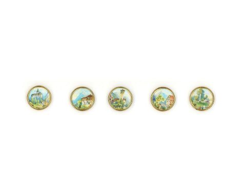 6 Medium early 20th century buttons in a set. Here is a nice set of early colored litho's on paper set under a celluloid shie