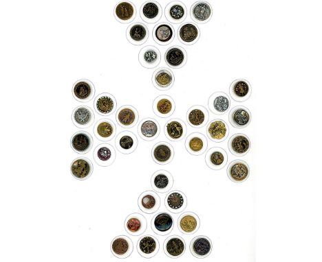 42 small size 19th century buttons In a variety of pictorials. This is a really nice card full of nice picture buttons includ