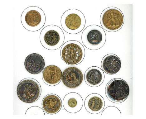 16 S/M/L 19th century metal picture buttons. This card includes several nice examples including Gnomes, Women, stories, and m
