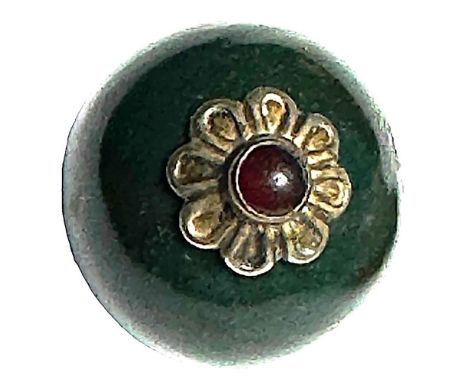1 good size medium 19th C. Bloodstone ball with a garnet OME. This is a great example of a bloodstone in green. The size is i