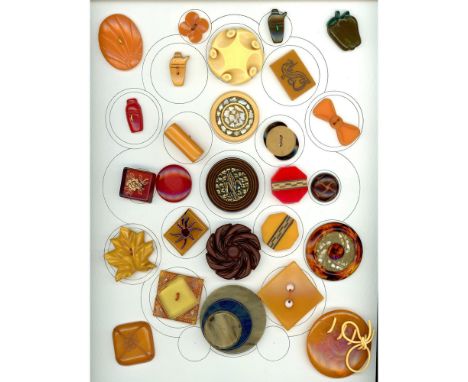 27 Medium &amp; Large 20th C. examples including chunky realistics. This nice card of Bakelite buttons includes various color