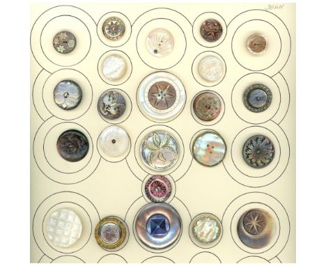 23 S/M/L 19th century examples including pictorials. This nice card of shell includes several beautiful iridescent and chatoy