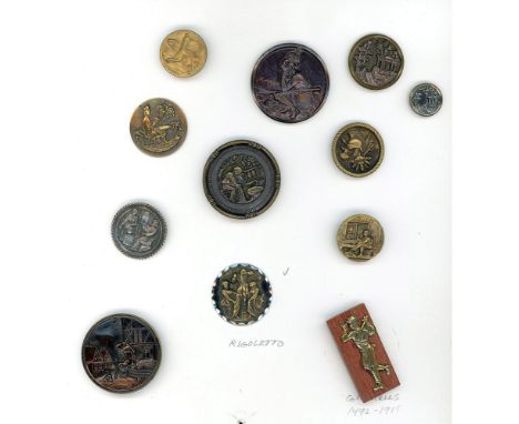 12 S/M/L 19th and 20th century figural buttons. This card includes a wonderful original tint of the "Indian Hunter", silver, 