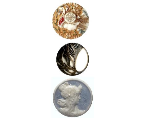 3 Medium late 19th early 20th C. buttons including Mucha style. This small card includes a nice Art Nouveau silver lustered w