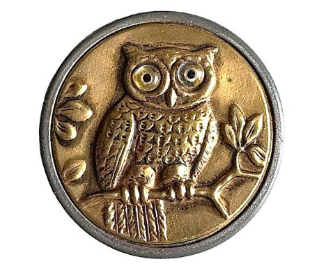1 Large 19th century molded brass owl button with glass eyes. In our April 2022 button auction we featured a button made in t