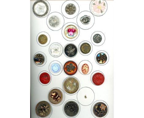 23 Medium &amp; Large 19th &amp; 20th century plant life buttons. This card of mostly assorted flowers in assorted materials 